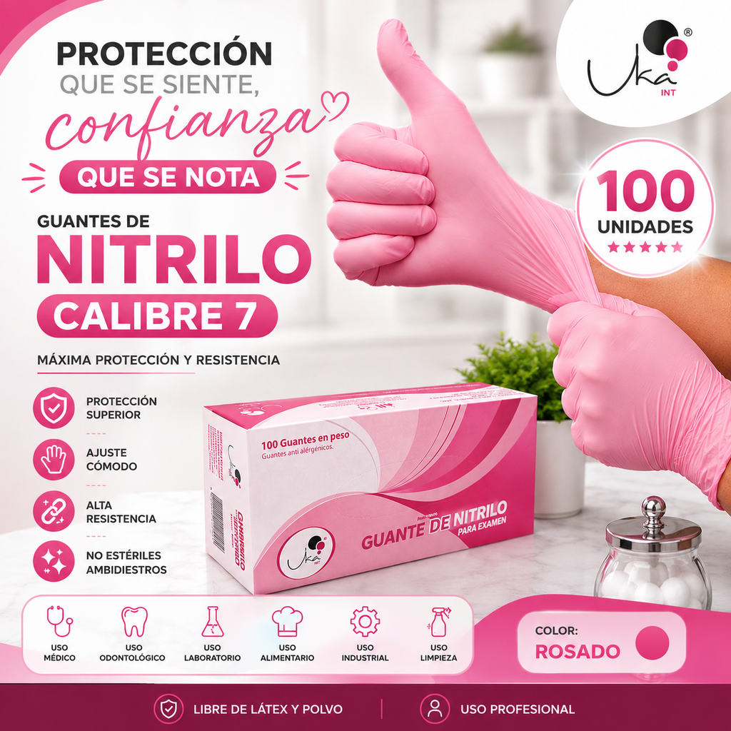 Caja de Guantes de Nitrilo Rosado - Calibre 7 (100 Unidades)