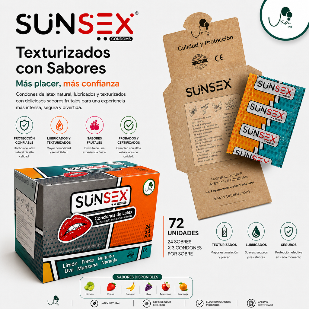 Caja de Condones SUNSEX Texturizados con Sabores (72 Unidades)