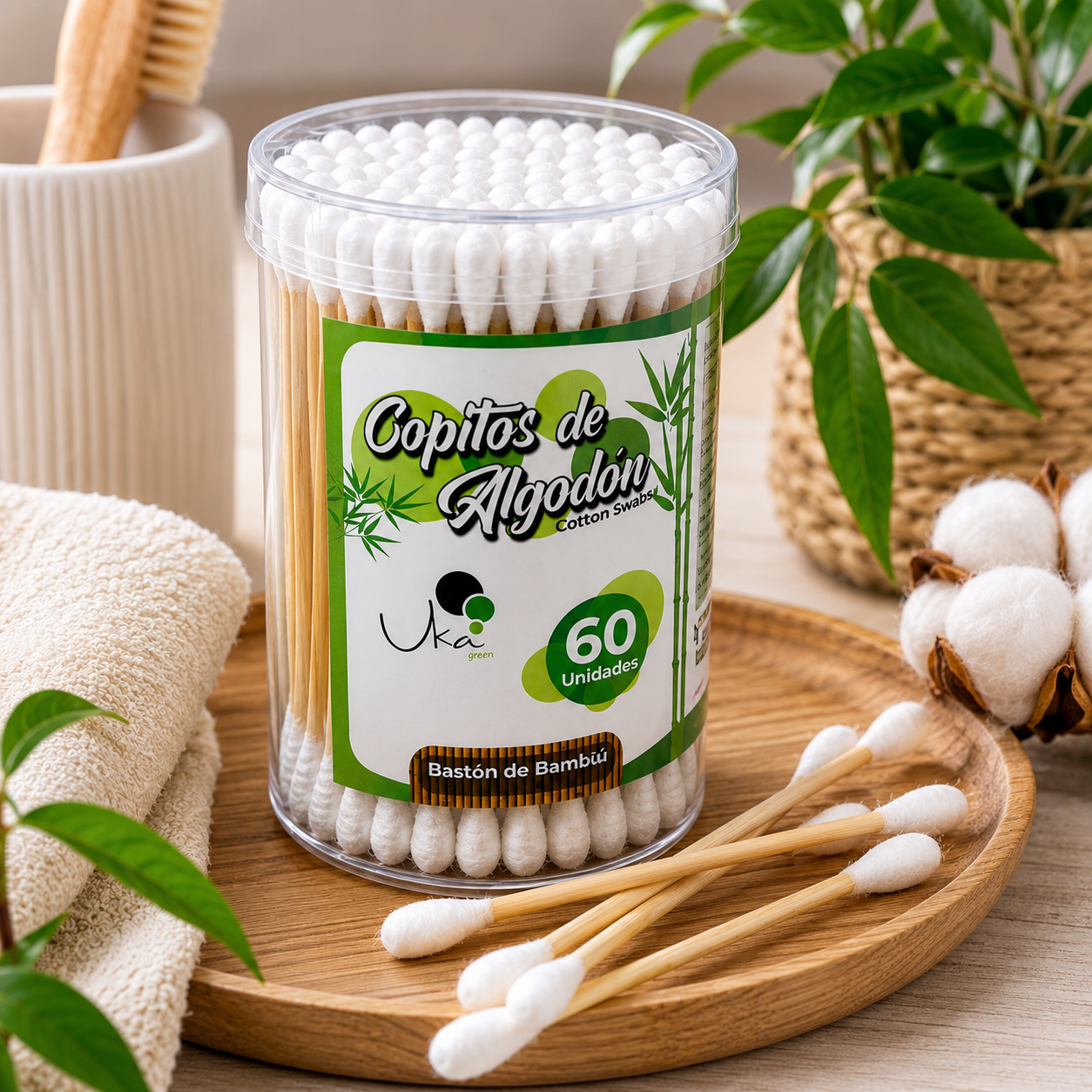 Copitos de Algodón con Bastón de Bambú - Tarro x 60 Unidades