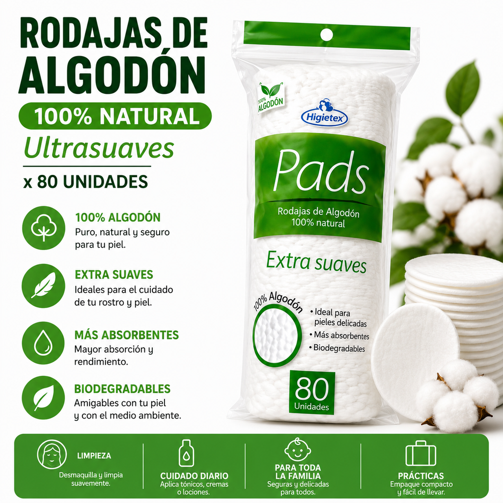 Rodajas de Algodón 100% Puro y Ultrasuave x 80 UNDS