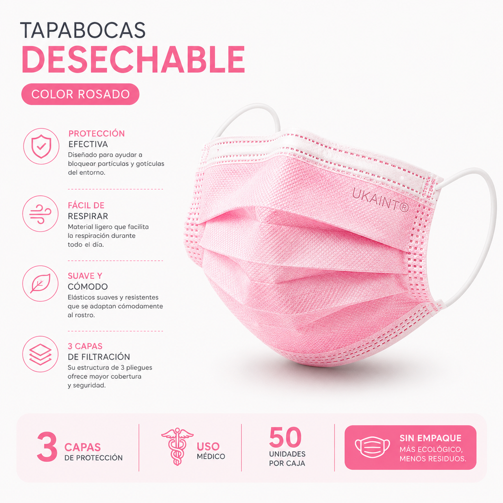 Caja de Tapabocas Desechables Rosados - (Sin Empaque Individual)