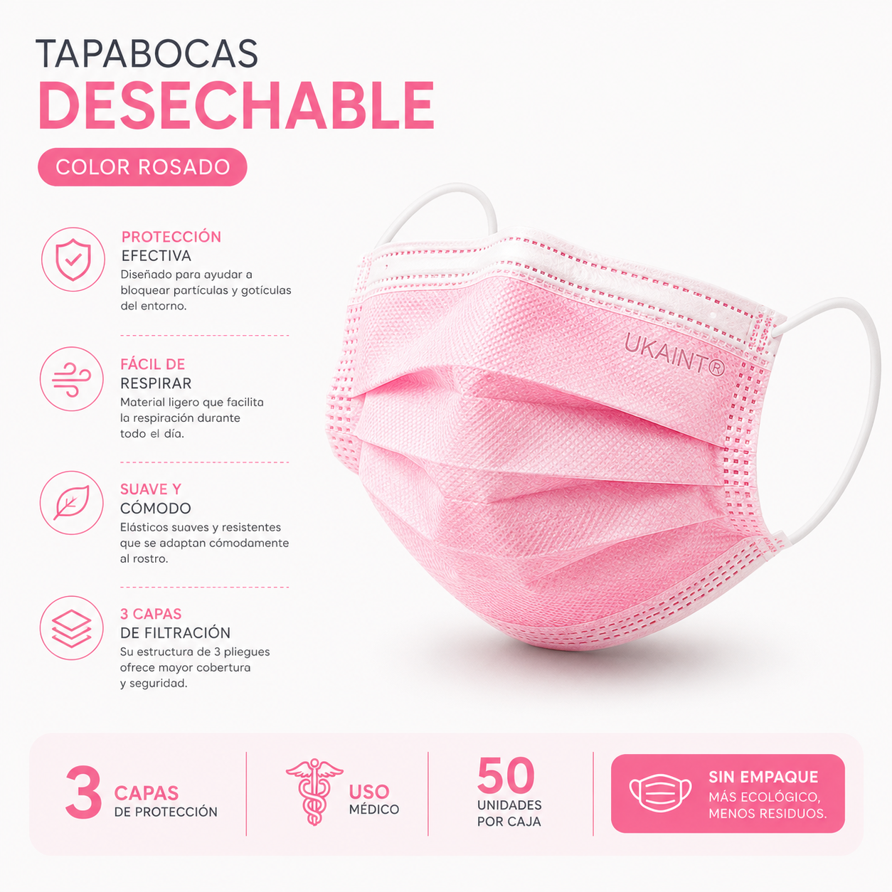 Caja de Tapabocas Desechables Rosados - (Sin Empaque Individual)