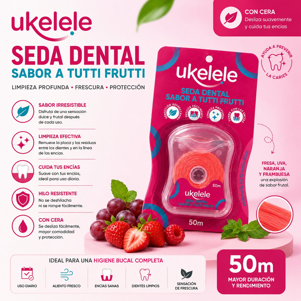 Seda Dental Ukelele Sabor a Tutti Frutti con cera  (50m)