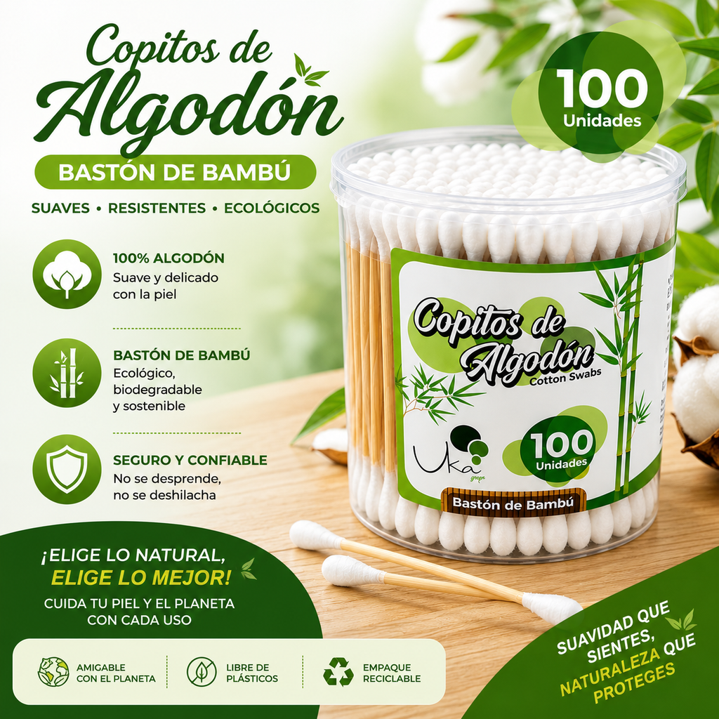 Copitos de Algodón con Bastón de Bambú - Tarro x 100 Unidades