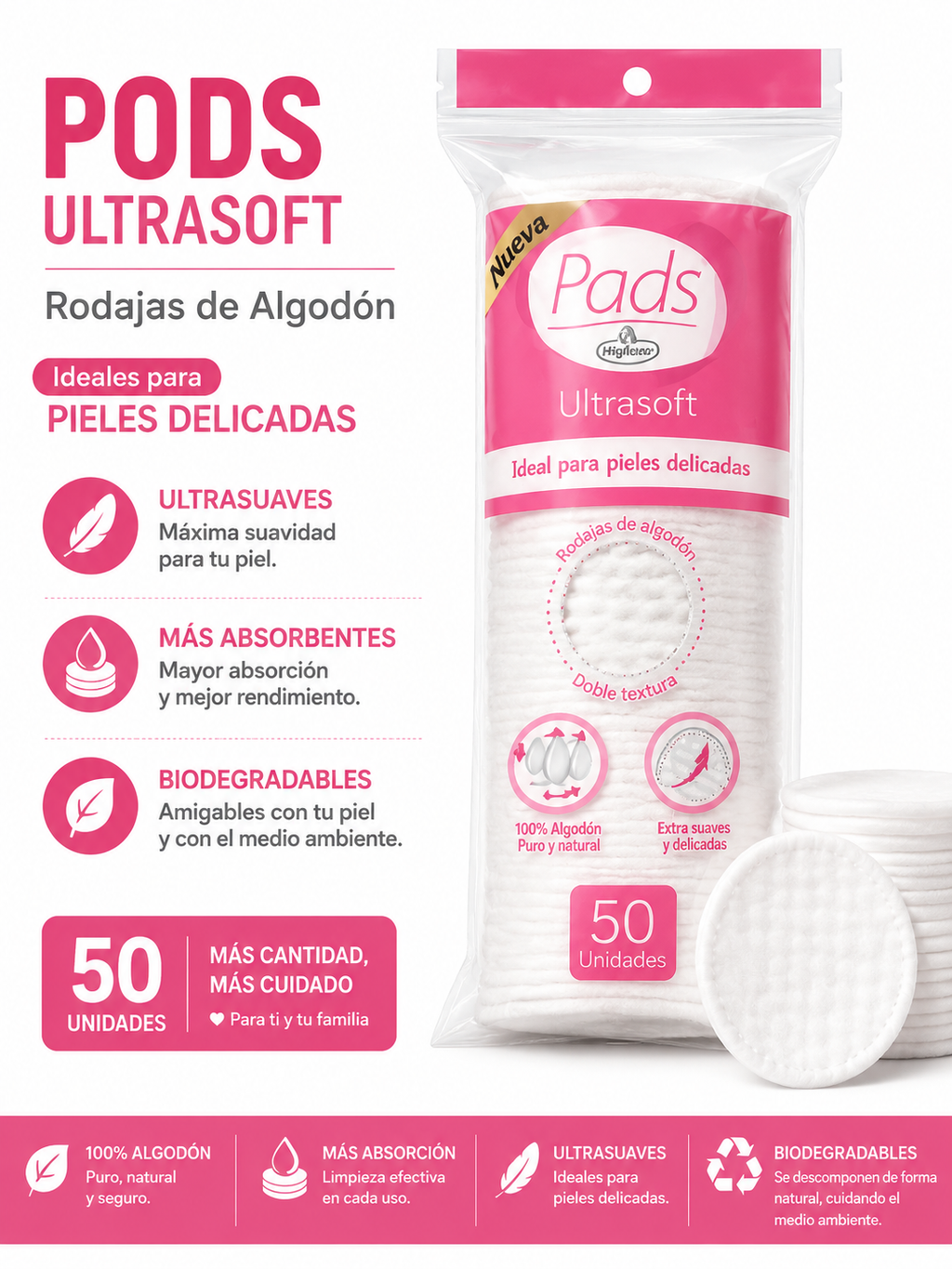 Rodajas de Algodón 100% Puro Ultrasuave x 50 Unidades