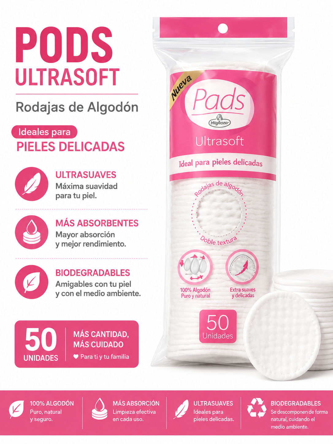 Rodajas de Algodón 100% Puro Ultrasuave x 50 Unidades