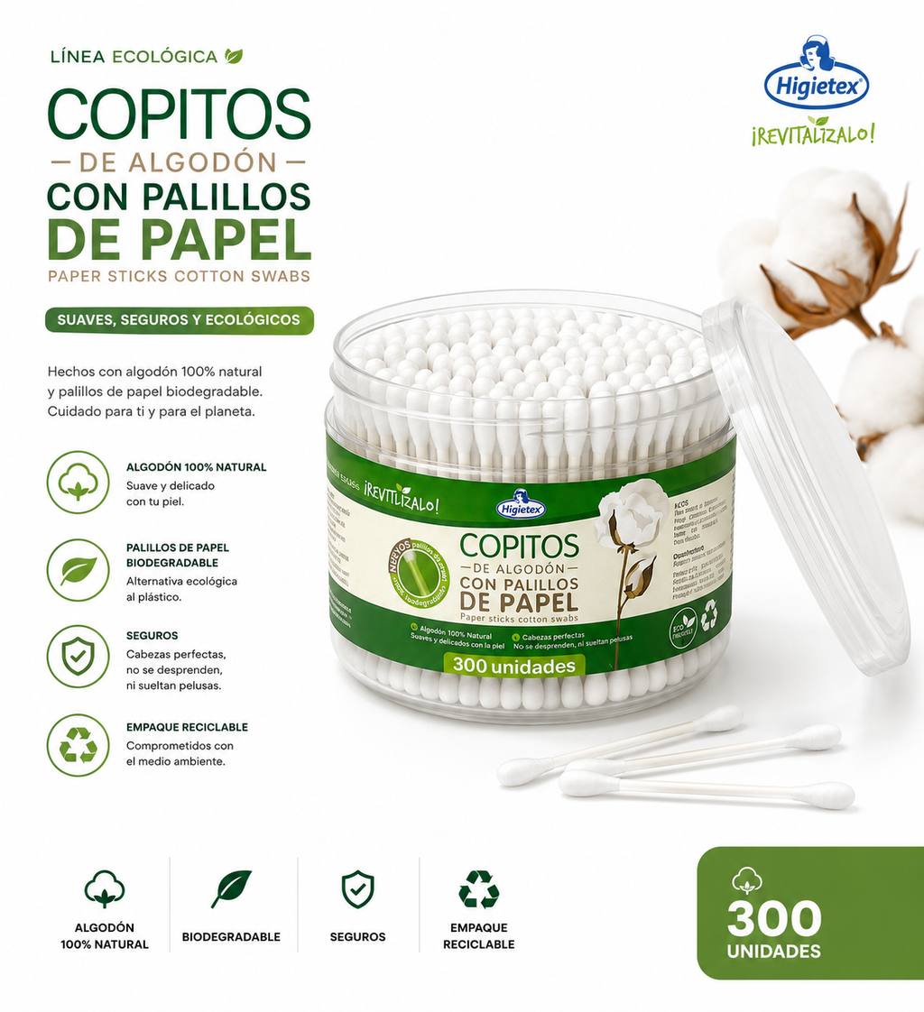 Copitos Ecológicos de Algodón con Palillo de Papel - Tarro x 300 Unidades