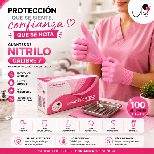 Caja de Guantes de Nitrilo Rosado - Calibre 7 (100 Unidades)