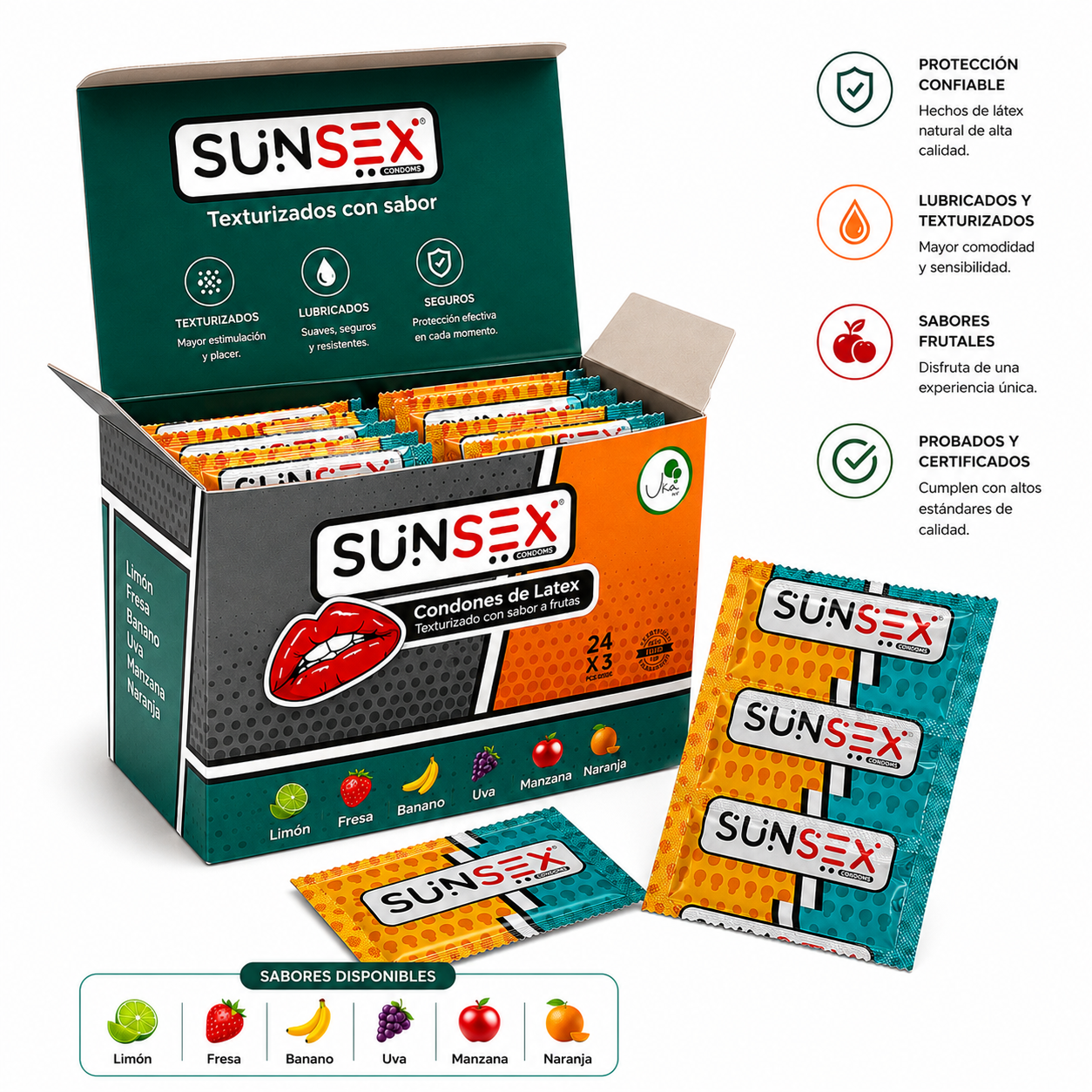 Caja de Condones SUNSEX Texturizados con Sabores (72 Unidades)
