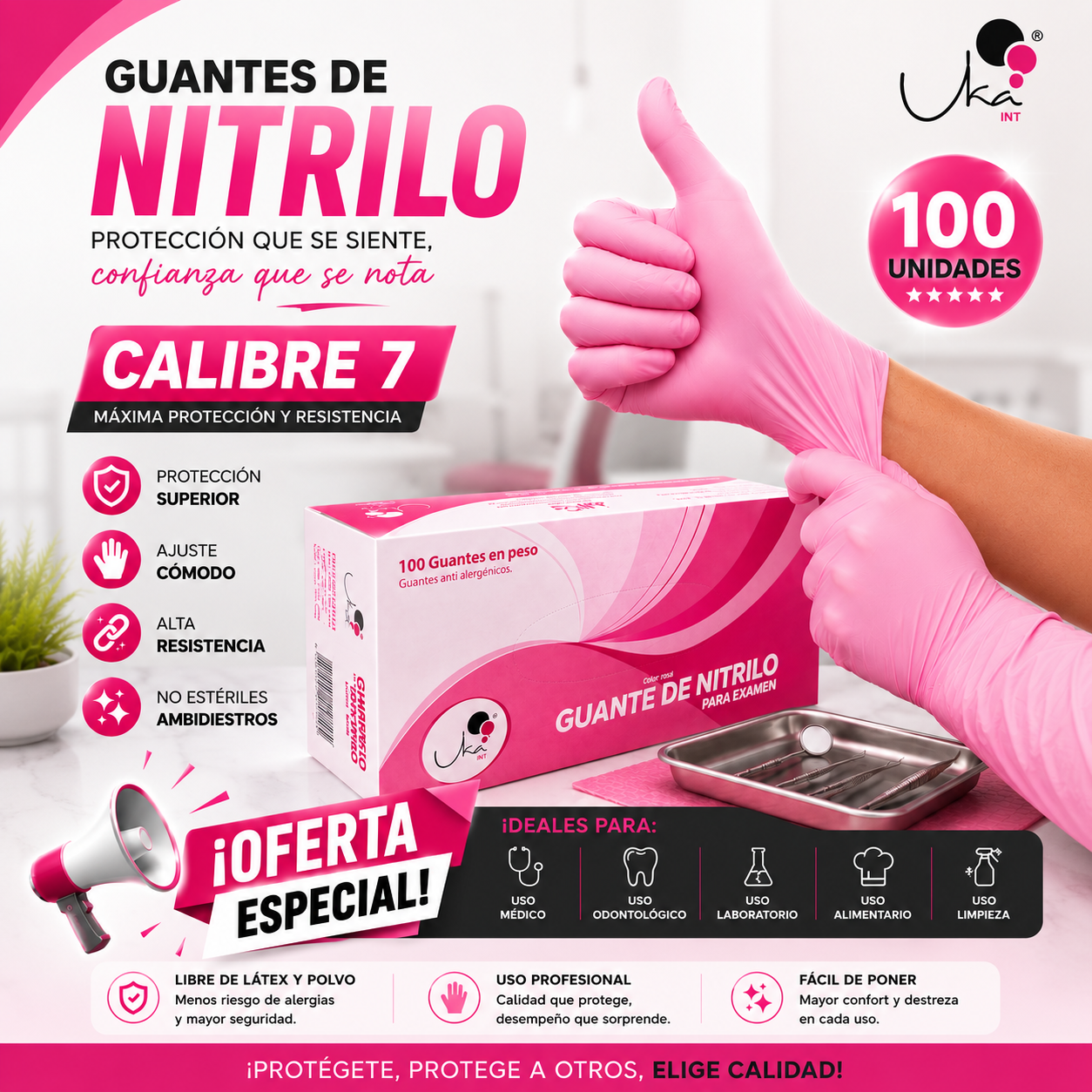 Caja de Guantes de Nitrilo Rosado - Calibre 7 (100 Unidades)