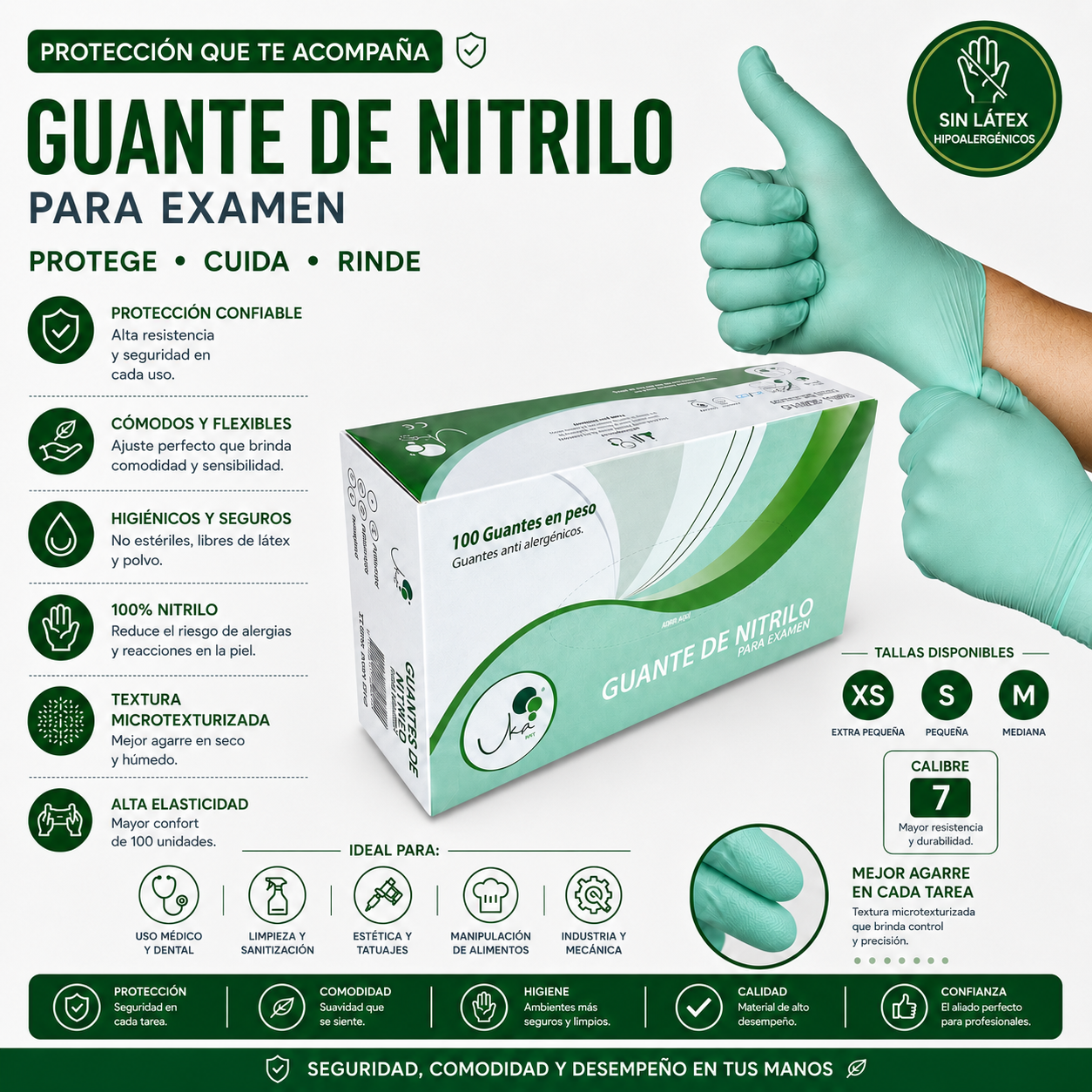 Caja de Guantes de Nitrilo Verde - Calibre 7 (100 Unidades)