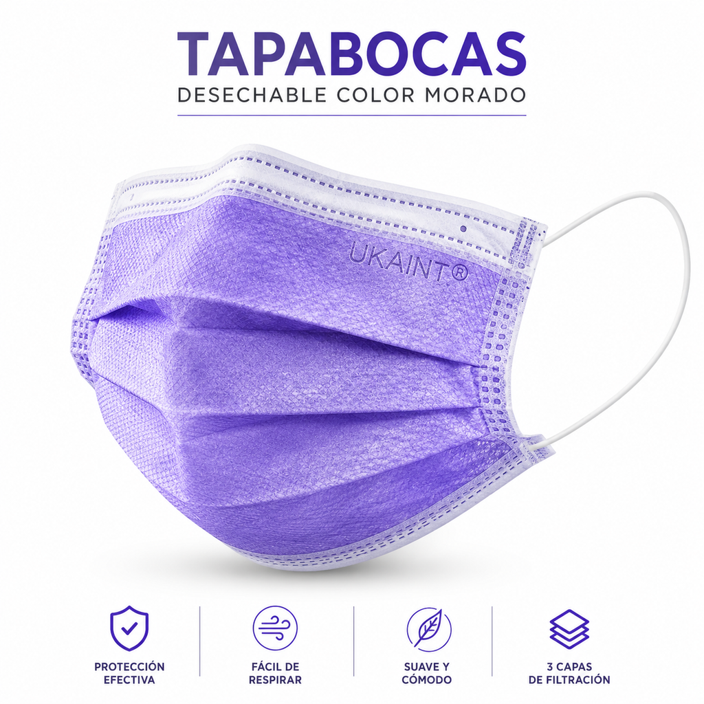 Caja de Tapabocas Desechables  Color Morado - 50 unidades (Sin Empaque Individual)