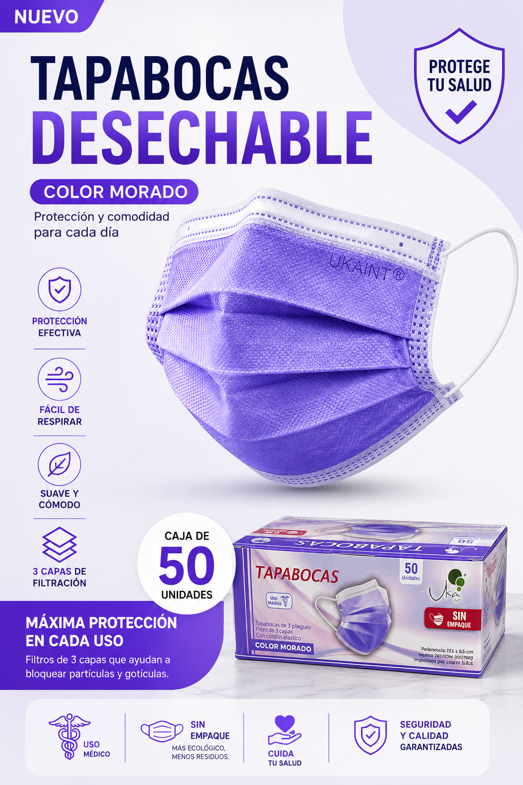 Caja de Tapabocas Desechables  Color Morado - 50 unidades (Sin Empaque Individual)