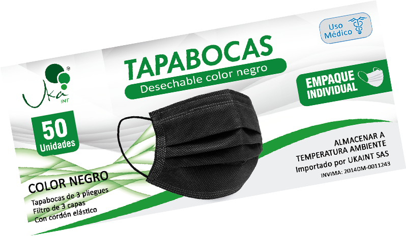 Tapabocas Negro caja x 50 UND (Empaque Individual) Ideal para clínicas y droguerías