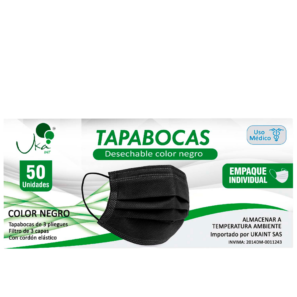 Tapabocas Negro caja x 50 UND (Empaque Individual) Ideal para clínicas y droguerías