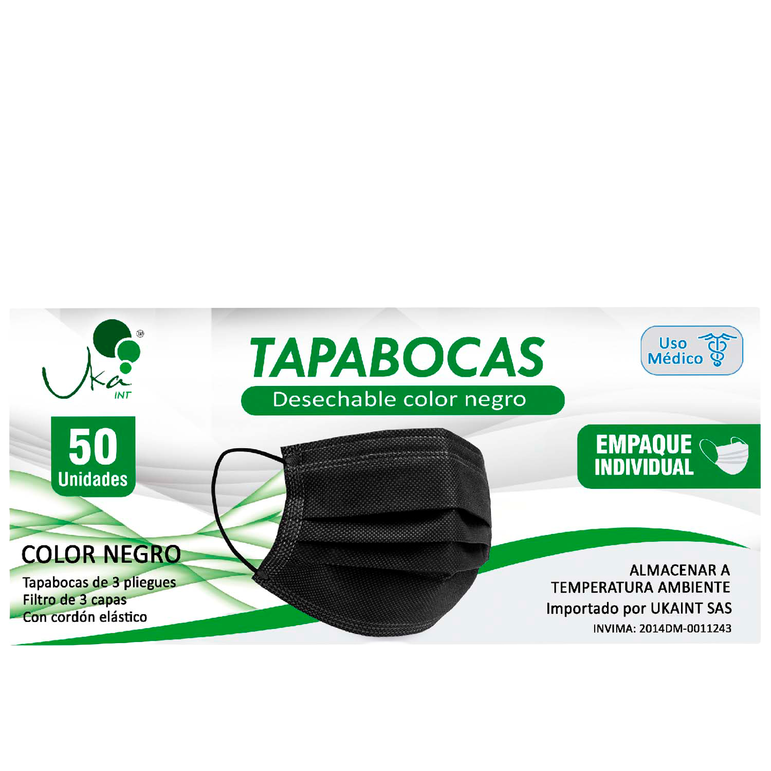 Tapabocas Negro caja x 50 UND (Empaque Individual) Ideal para clínicas y droguerías