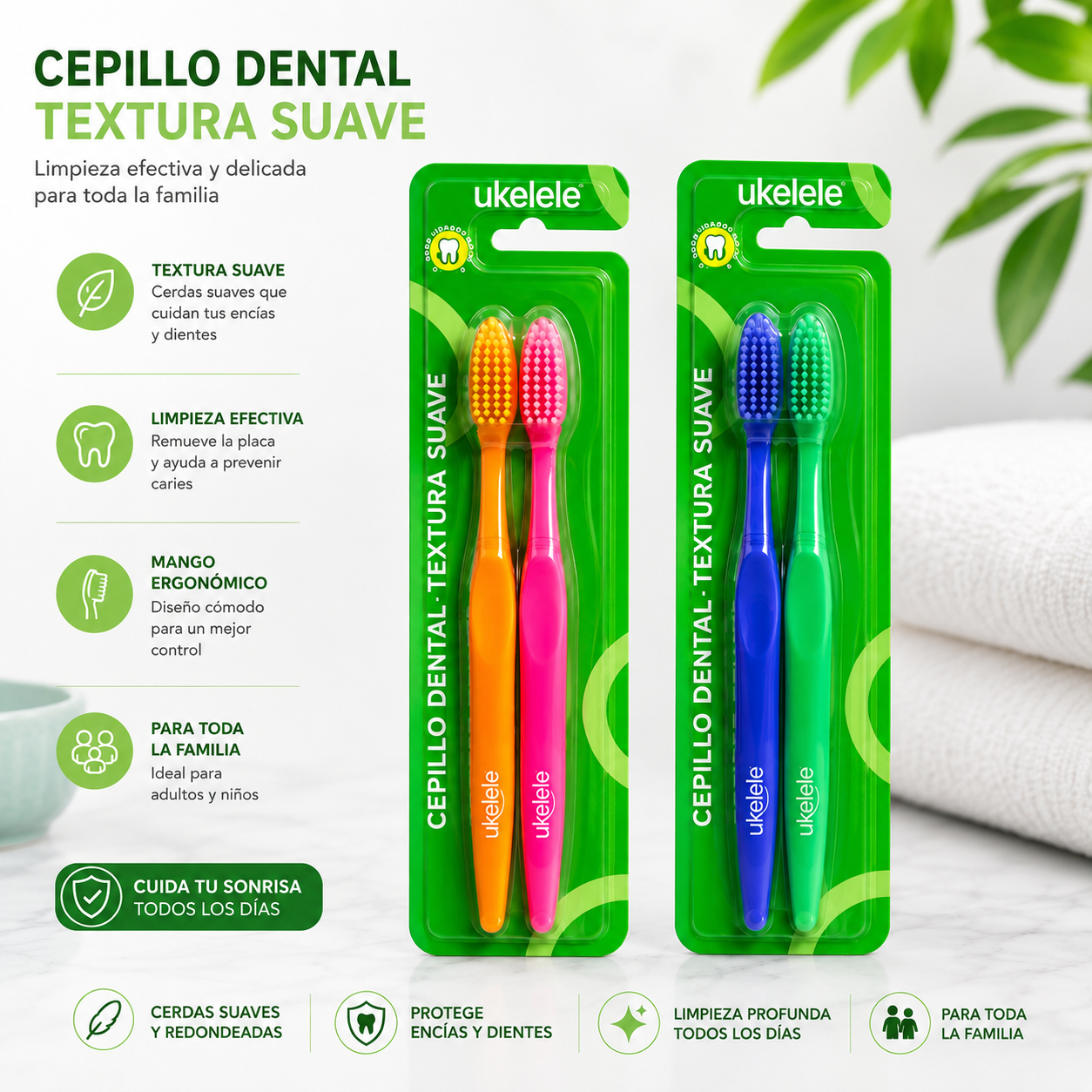 Cepillos Dentales Ukelele - Textura Suave (Paquete x 2)