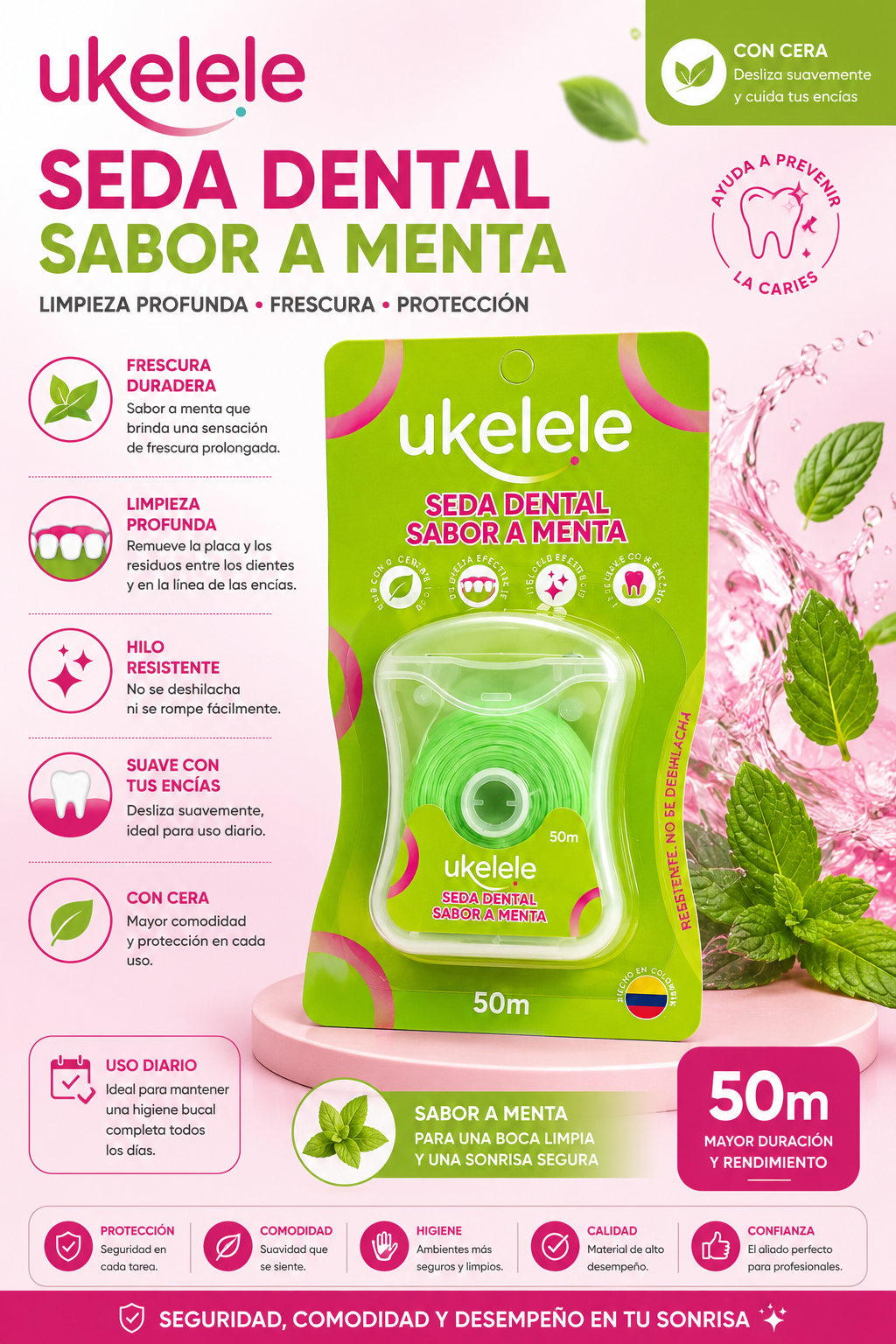Seda Dental Ukelele Sabor a Menta con Cera (50m)