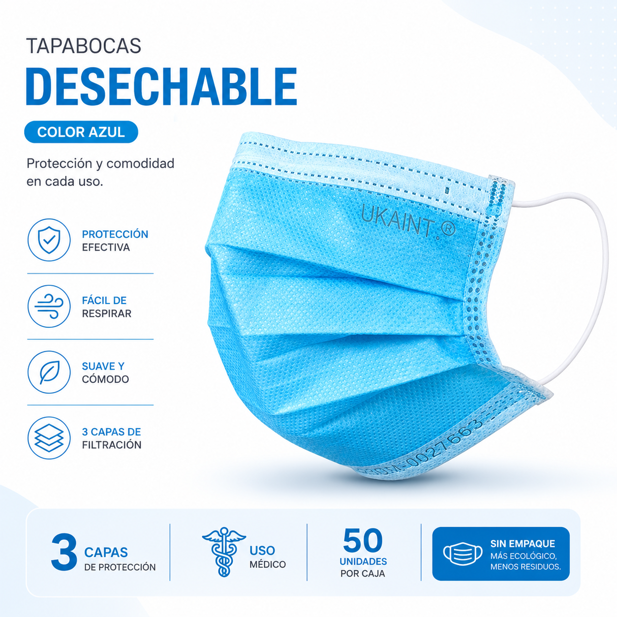 Caja de Tapabocas Desechables  Color Azul - 50 Unidades (Sin Empaque Individual)