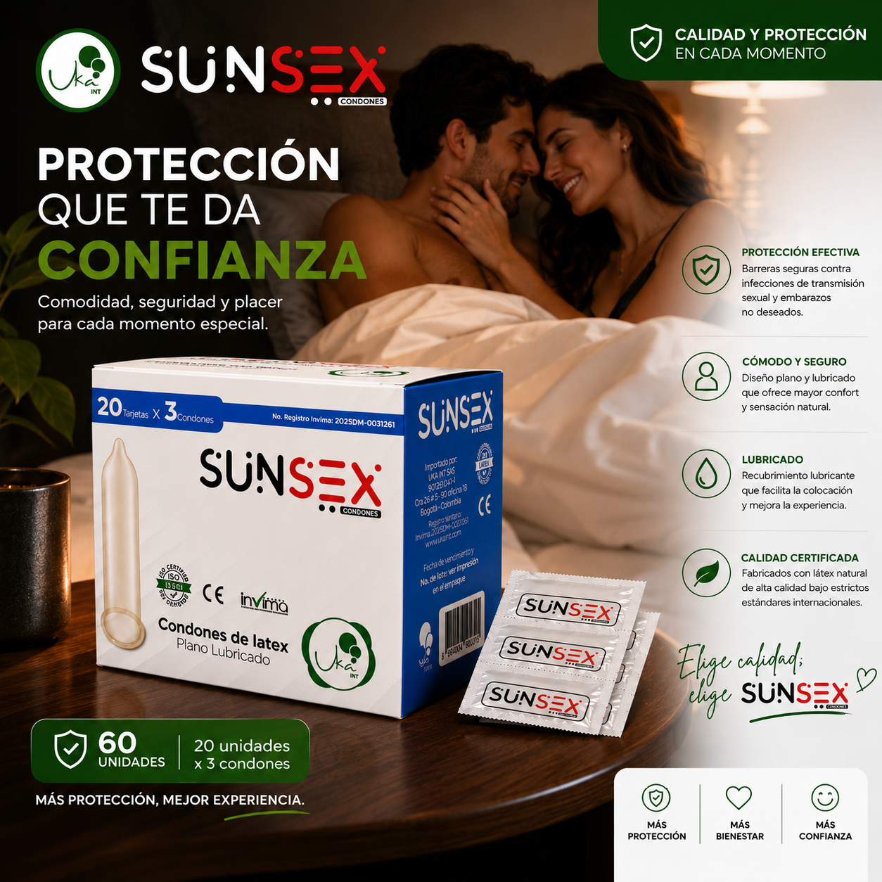 Caja de Condones Sunsex Clásicos Planos y Lubricados (60 Unidades)