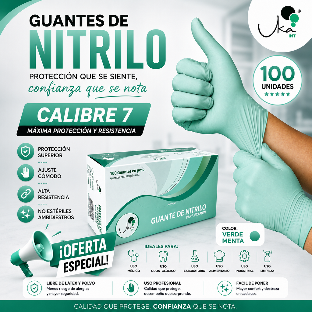 Caja de Guantes de Nitrilo Verde - Calibre 7 (100 Unidades)