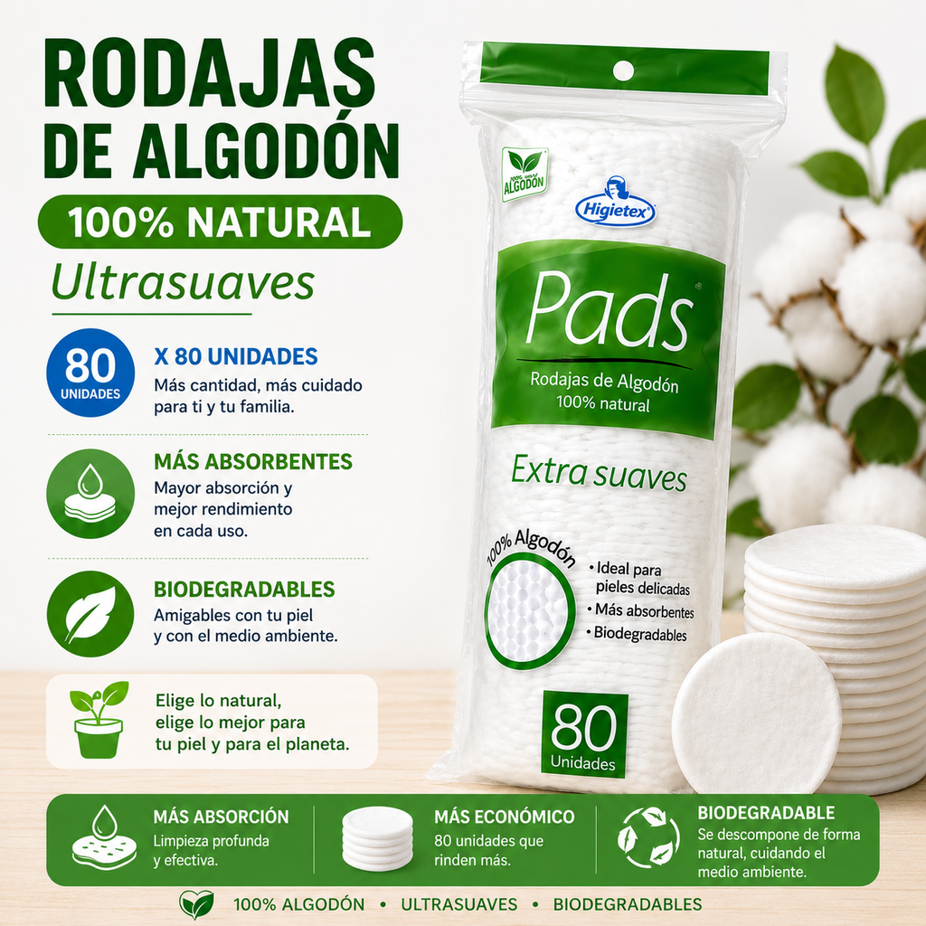 Rodajas de Algodón 100% Puro y Ultrasuave x 80 UNDS