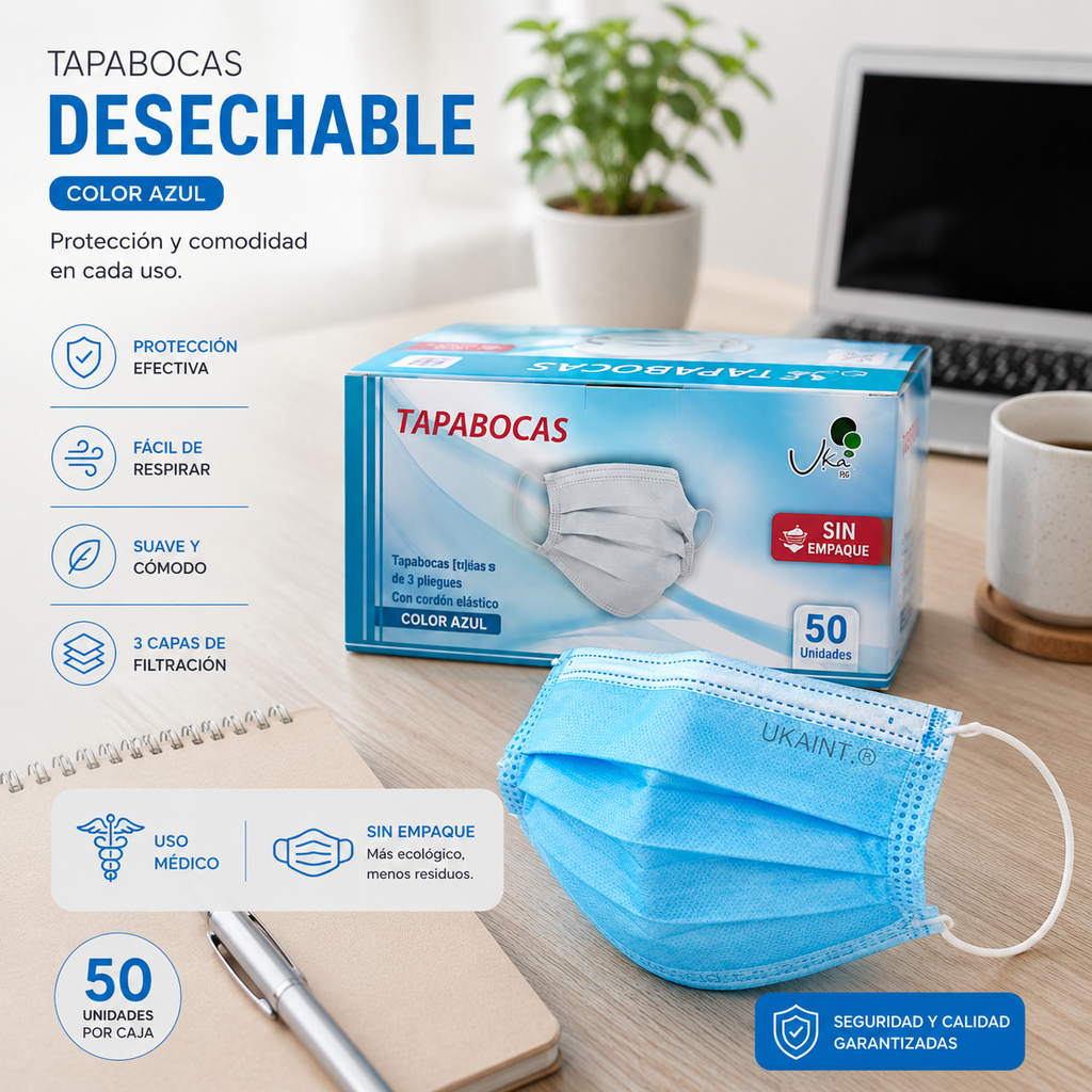 Caja de Tapabocas Desechables  Color Azul - 50 Unidades (Sin Empaque Individual)