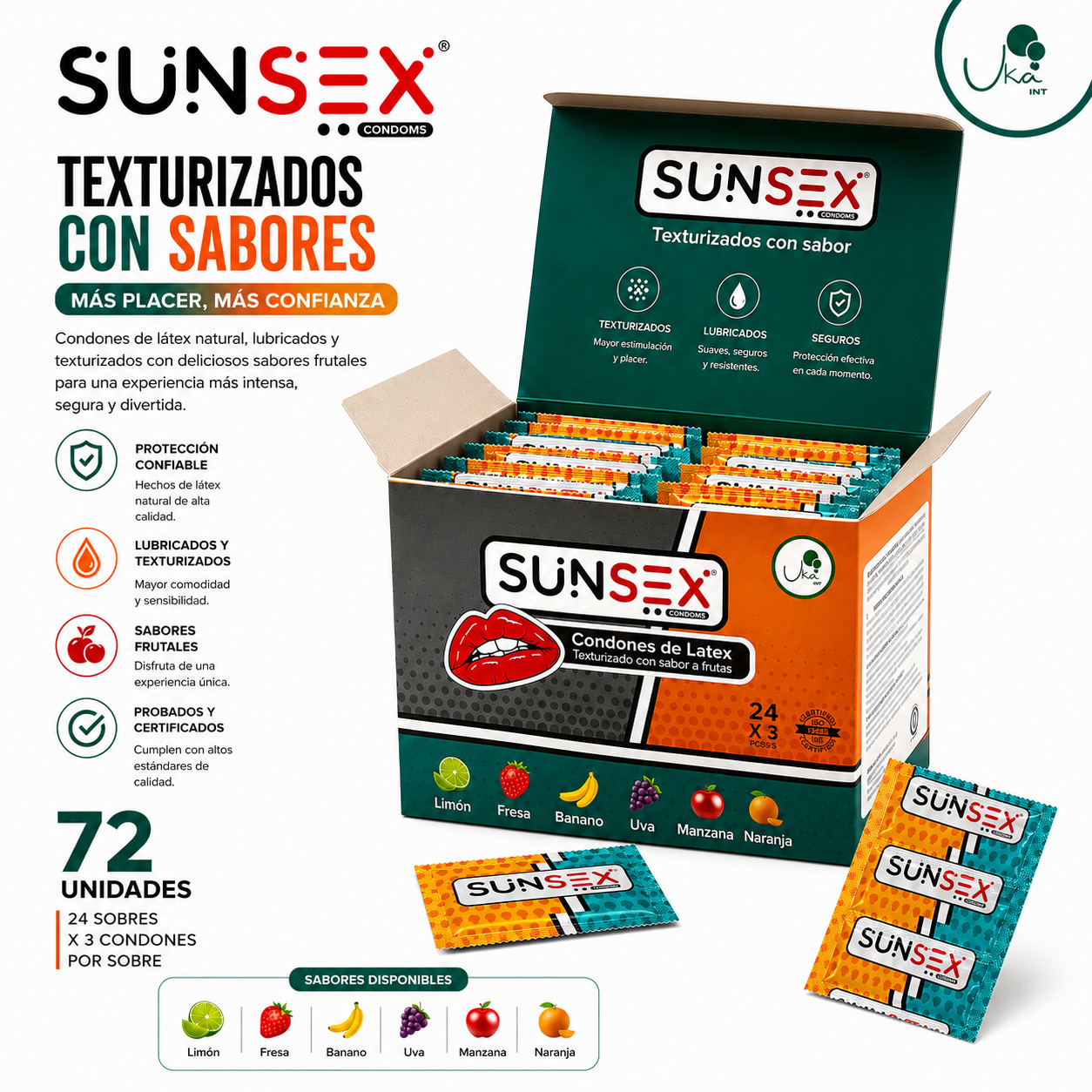 Caja de Condones SUNSEX Texturizados con Sabores (72 Unidades)