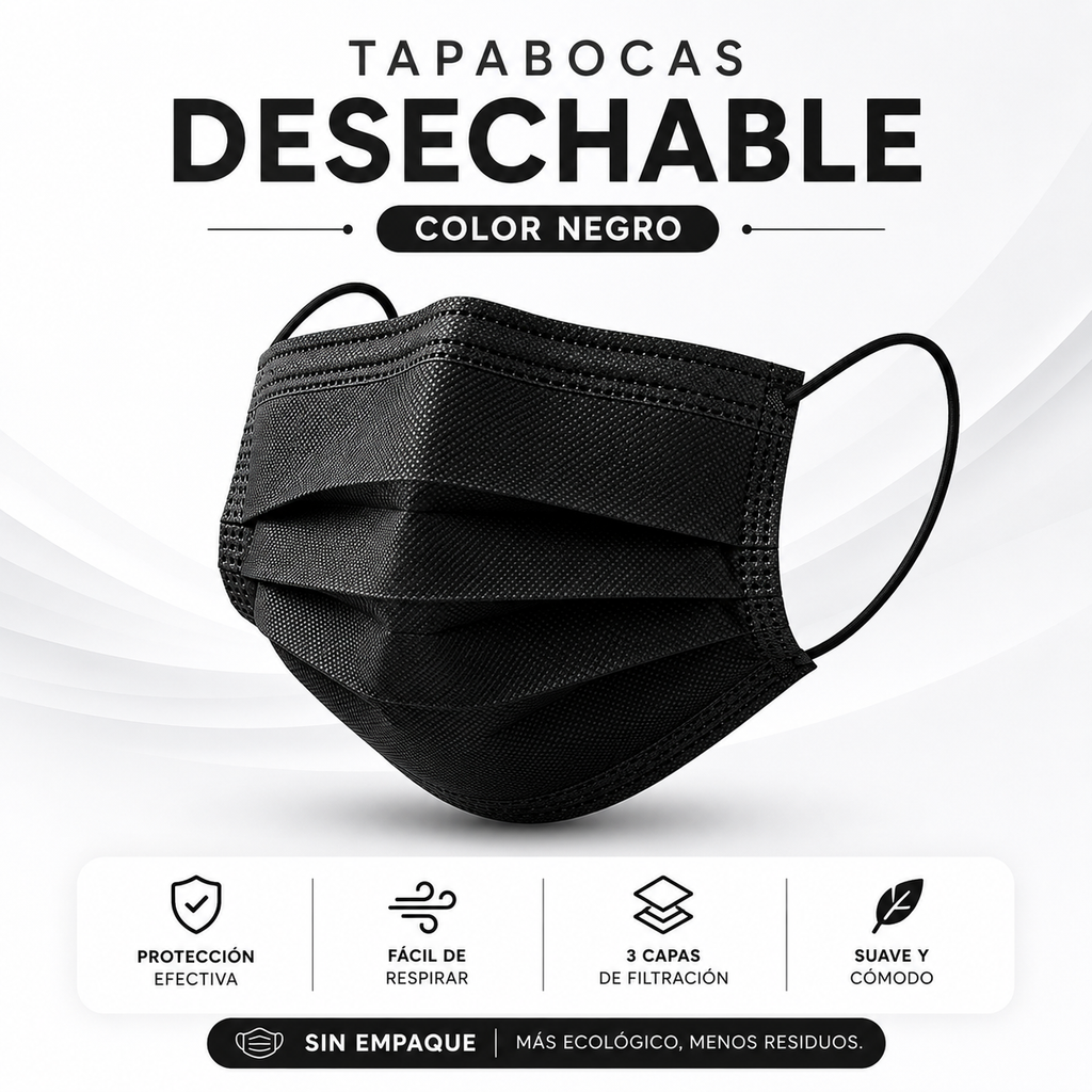 Caja de Tapabocas Desechables Color Negro - (Sin Empaque Individual)