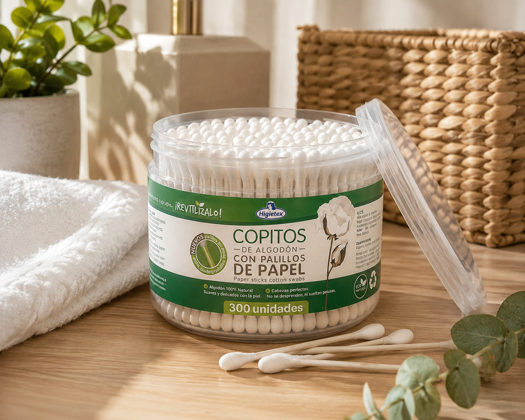 Copitos Ecológicos de Algodón con Palillo de Papel - Tarro x 300 Unidades