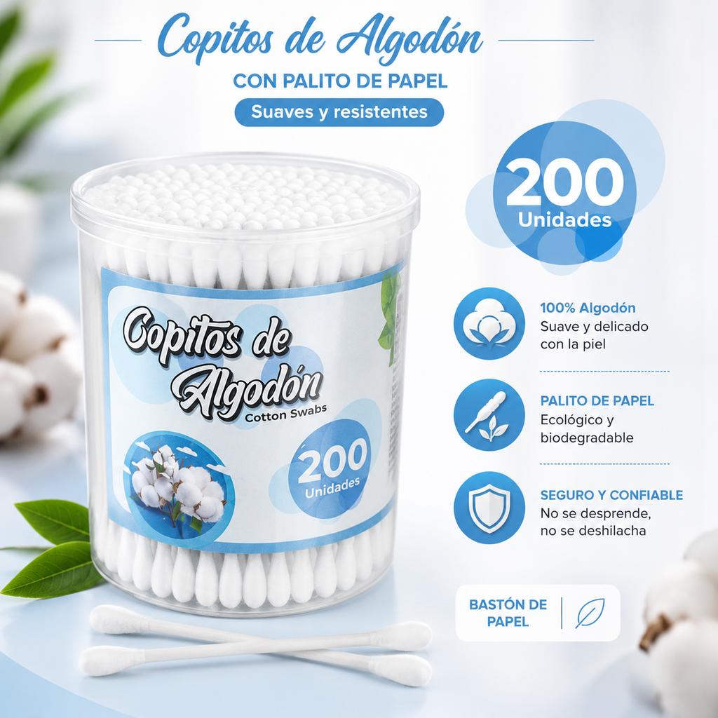 Copitos de Algodón con Palillo de Papel - Tarro x 200 Unidades