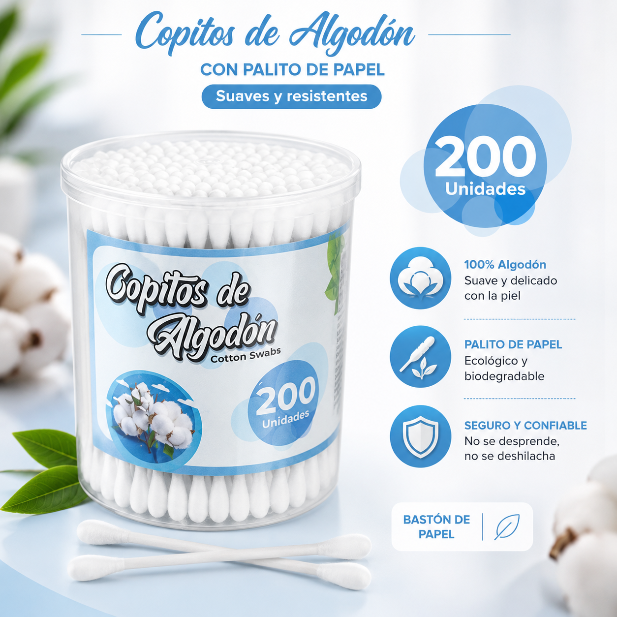 Copitos de Algodón con Palillo de Papel - Tarro x 200 Unidades
