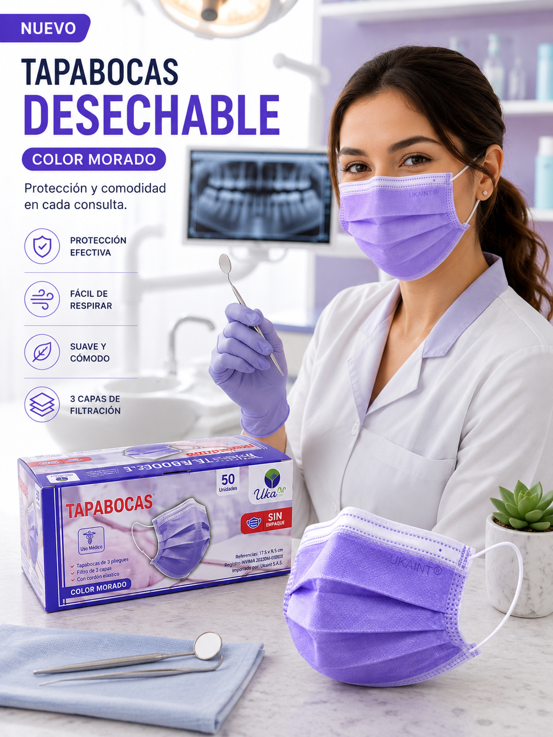 Caja de Tapabocas Desechables  Color Morado - 50 unidades (Sin Empaque Individual)