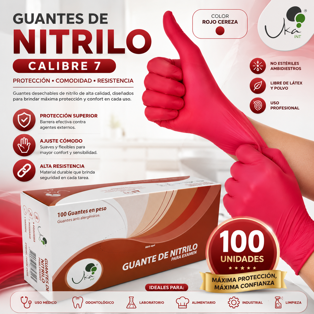Caja de Guantes de Nitrilo Rojo Cereza - Calibre 7 (100 Unidades)