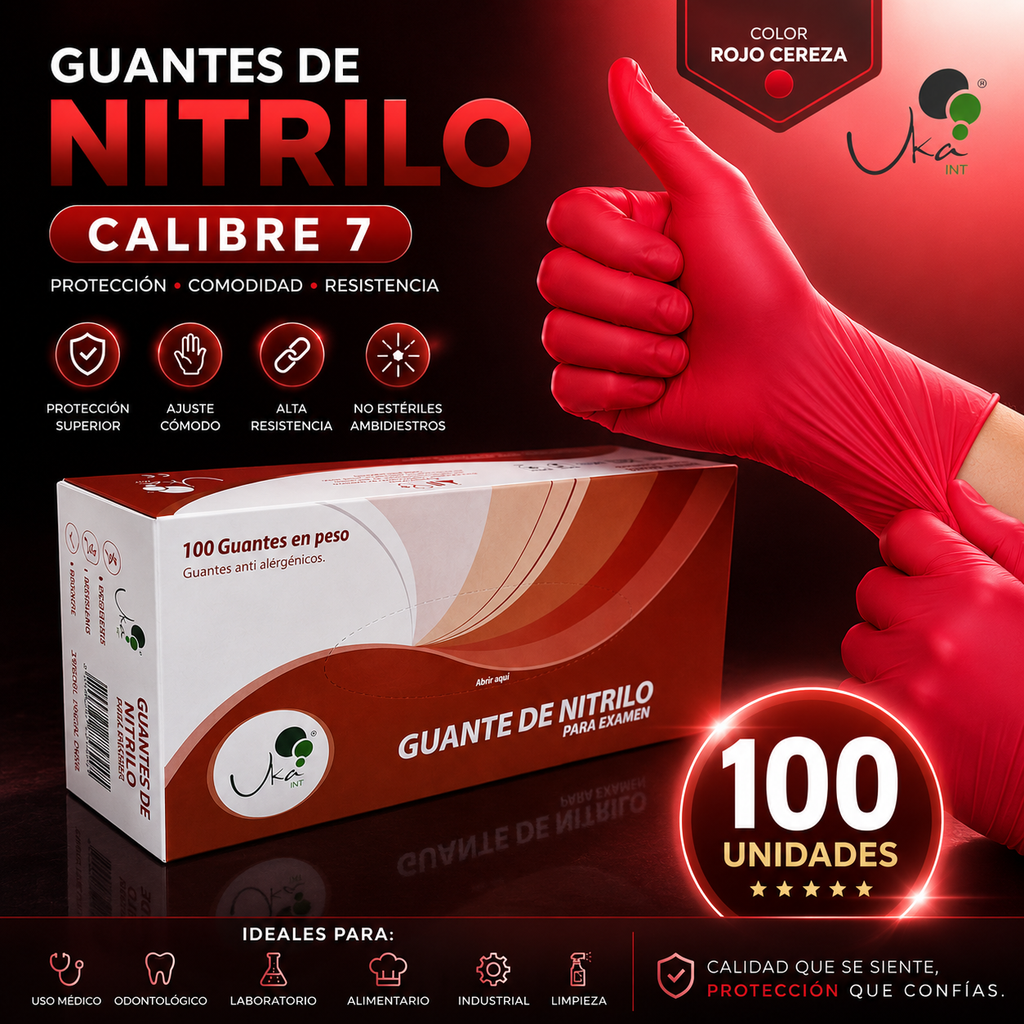Caja de Guantes de Nitrilo Rojo Cereza - Calibre 7 (100 Unidades)