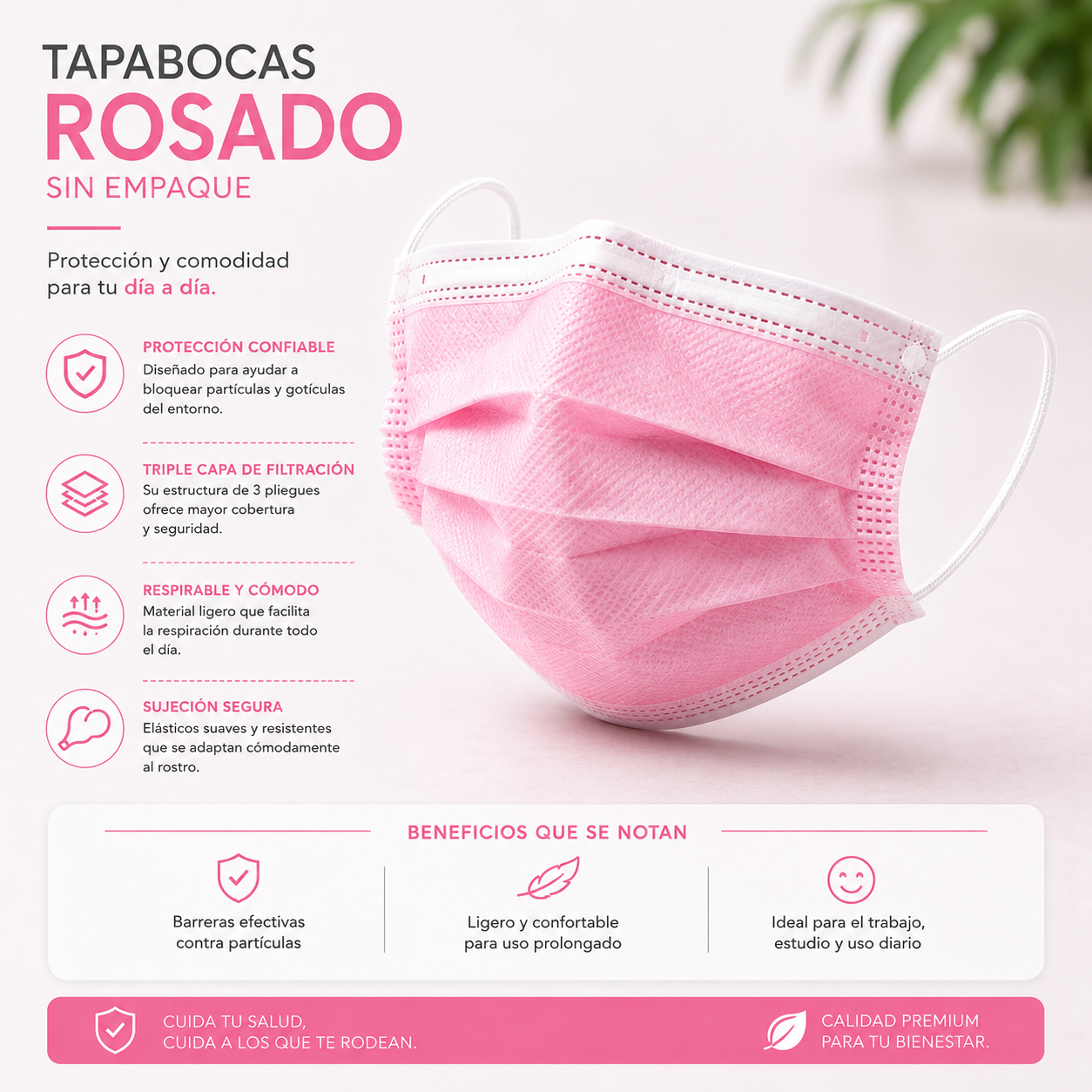 Caja de Tapabocas Desechables Rosados - (Sin Empaque Individual)