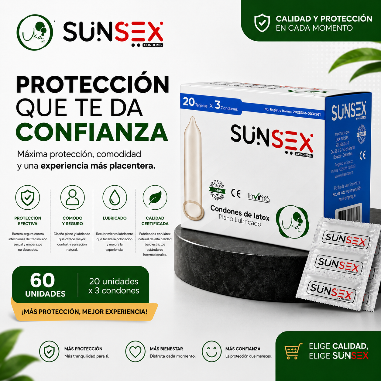 Caja de Condones Sunsex Clásicos Planos y Lubricados (60 Unidades)