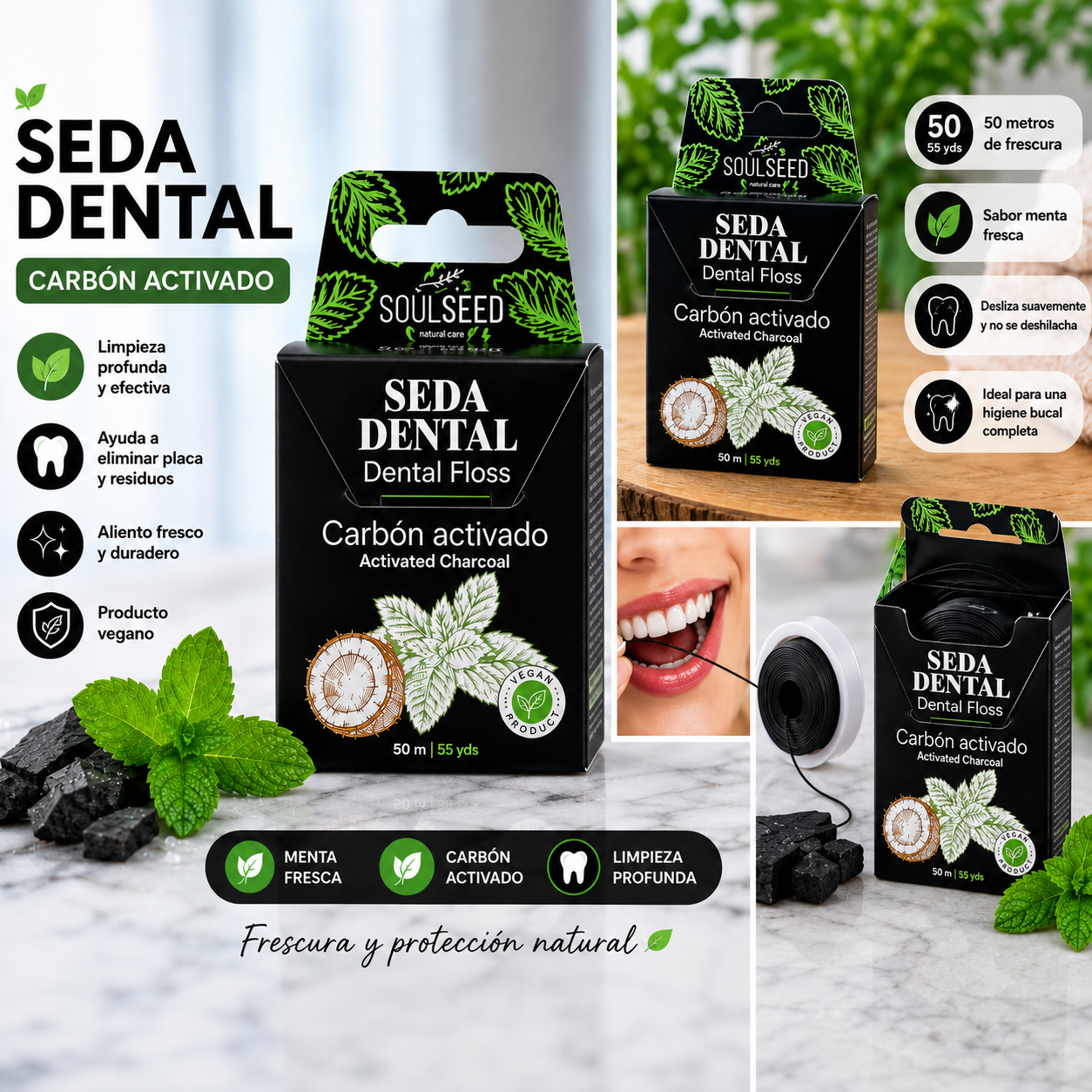 Seda Dental SoulSeed Carbón Activado & Menta (50m) - 100% Vegana