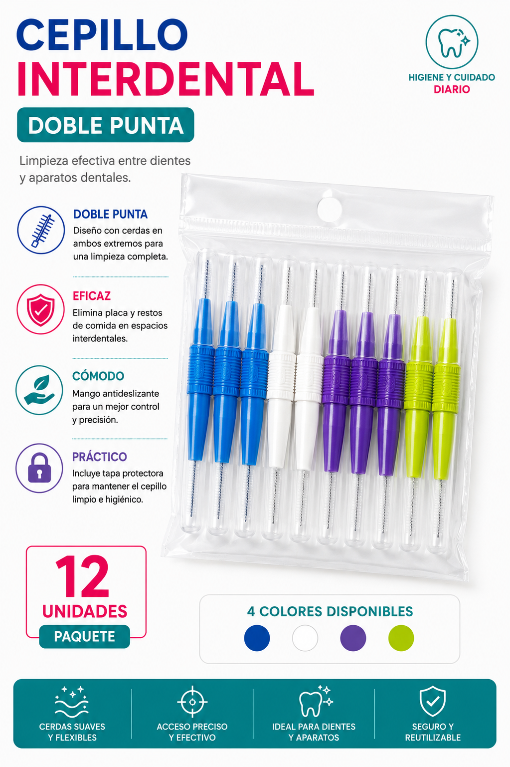 Cepillos Interdentales Doble Punta - Paquete x 12 Unidades
