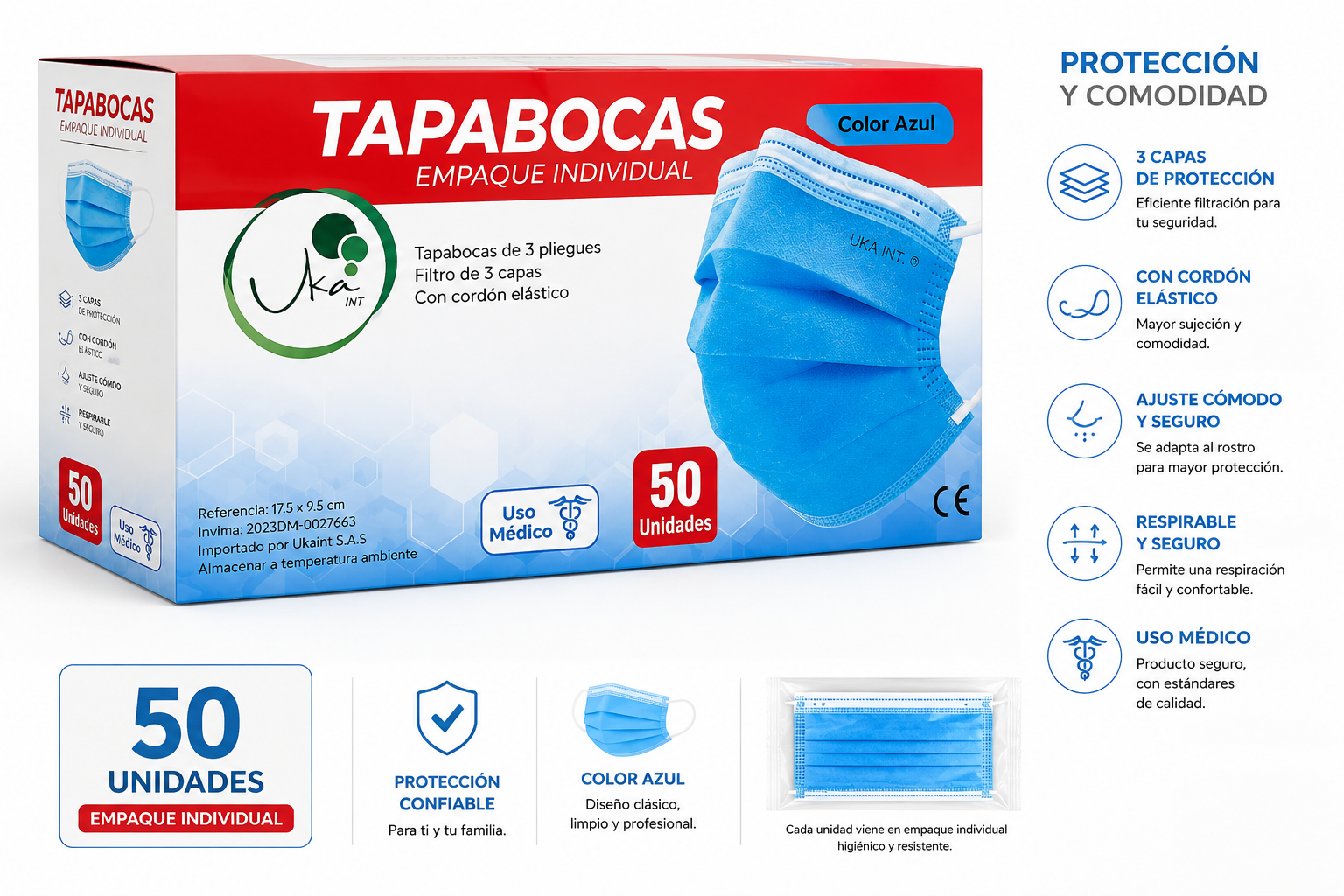 Caja de Tapabocas Desechables Azules - Empaque Individual (50 Unidades)