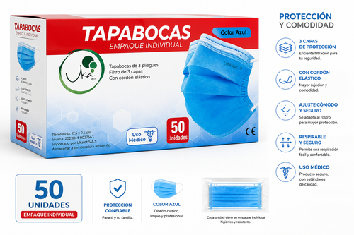 Caja de Tapabocas Desechables Azules - Empaque Individual (50 Unidades)