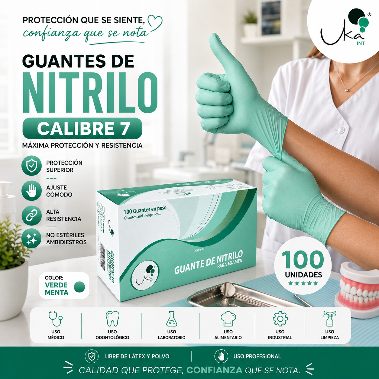 Caja de Guantes de Nitrilo Verde - Calibre 7 (100 Unidades)