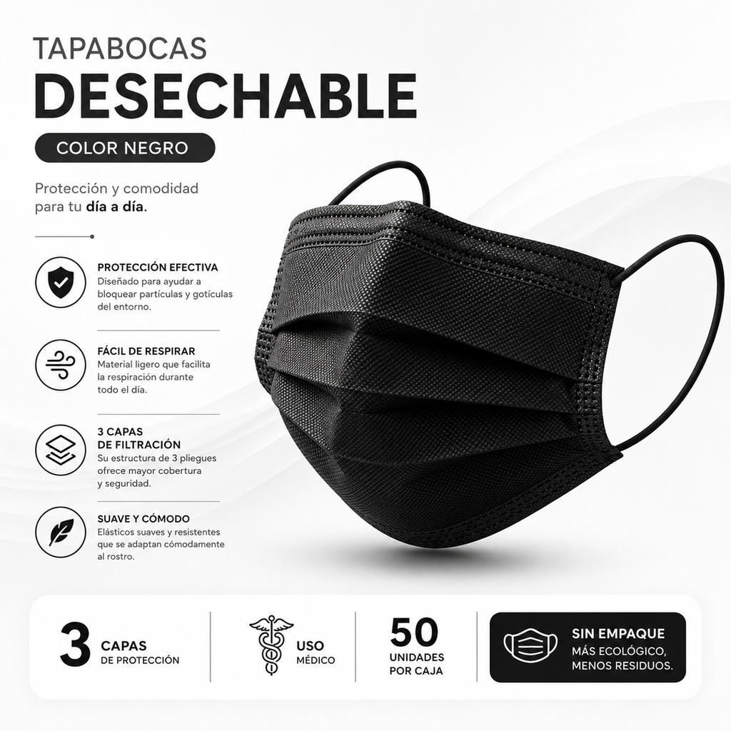 Caja de Tapabocas Desechables Color Negro - (Sin Empaque Individual)