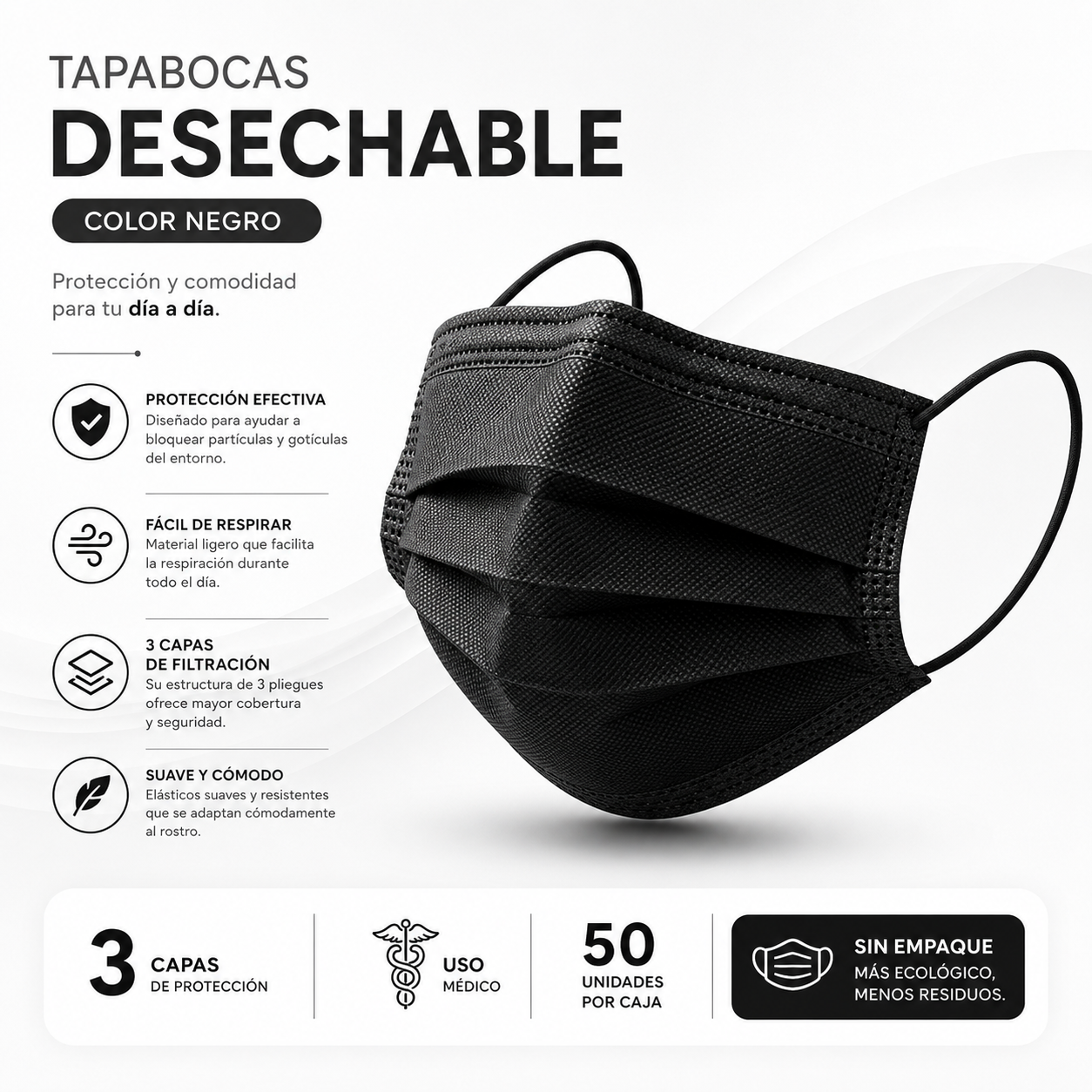 Caja de Tapabocas Desechables Color Negro - (Sin Empaque Individual)