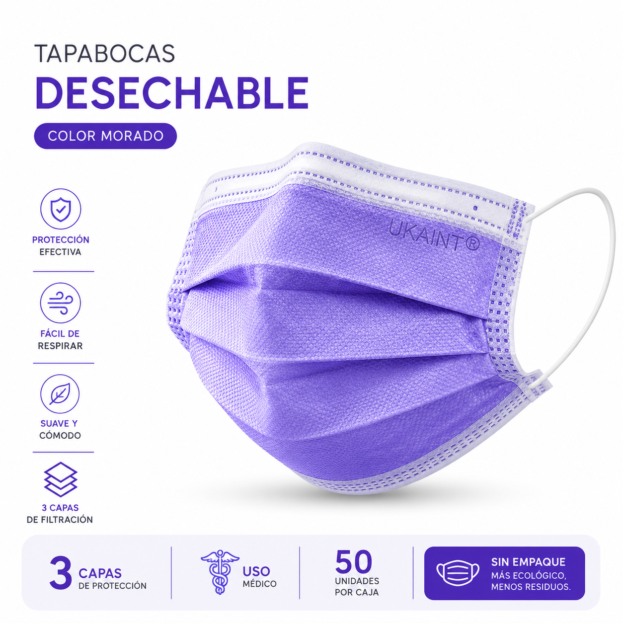 Caja de Tapabocas Desechables  Color Morado - 50 unidades (Sin Empaque Individual)