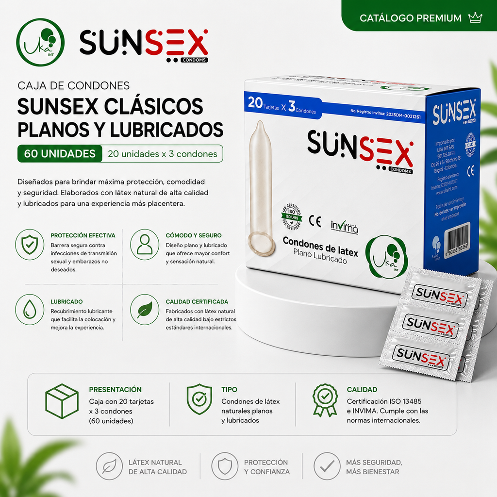 Caja de Condones Sunsex Clásicos Planos y Lubricados (60 Unidades)