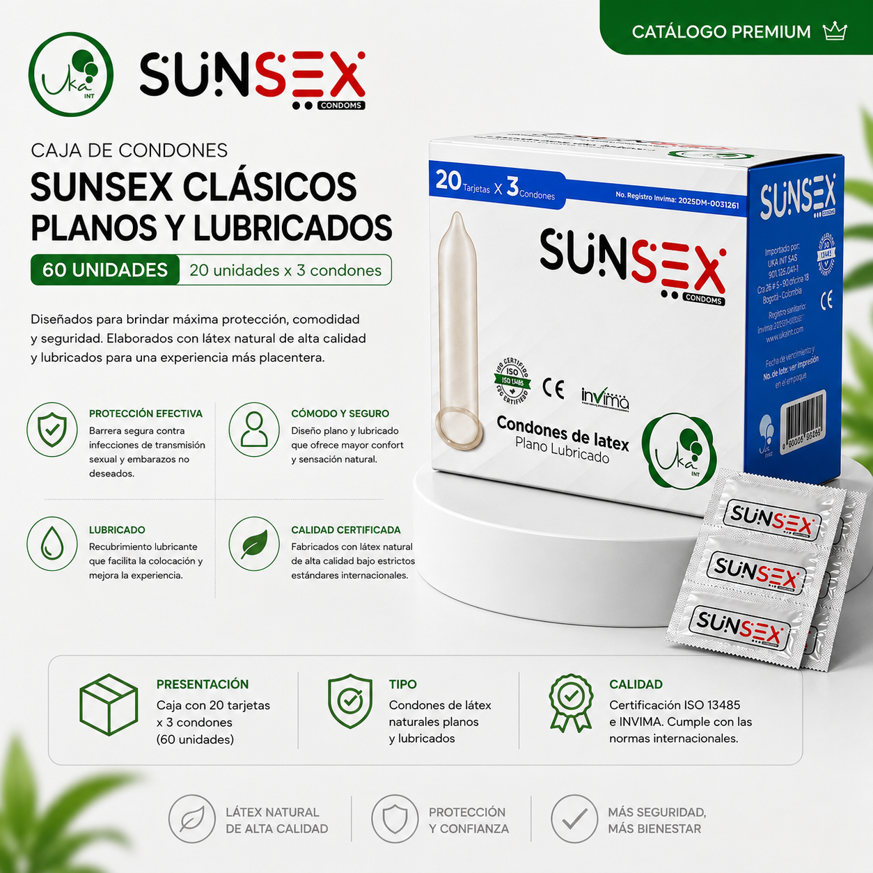 Caja de Condones Sunsex Clásicos Planos y Lubricados (60 Unidades)