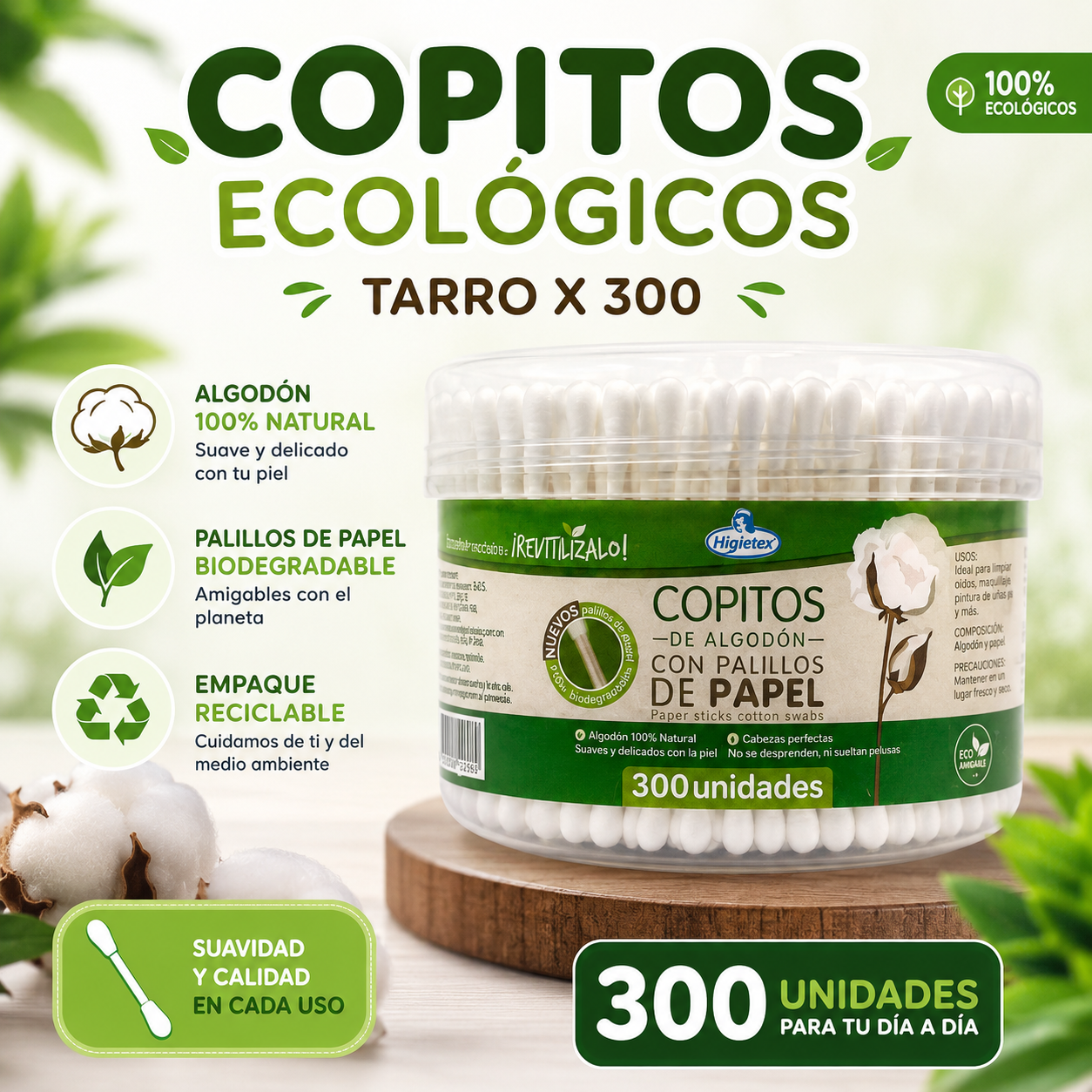 Copitos Ecológicos de Algodón con Palillo de Papel - Tarro x 300 Unidades