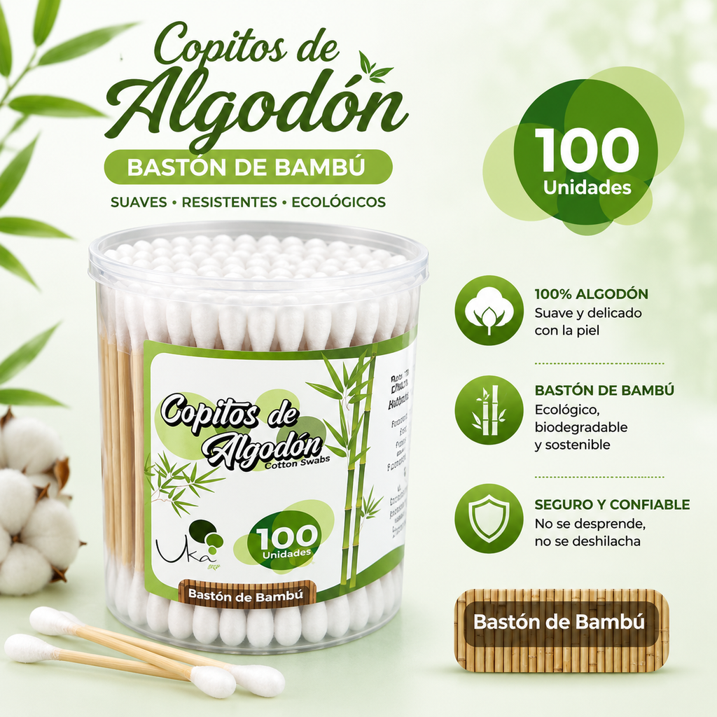 Copitos de Algodón con Bastón de Bambú - Tarro x 100 Unidades