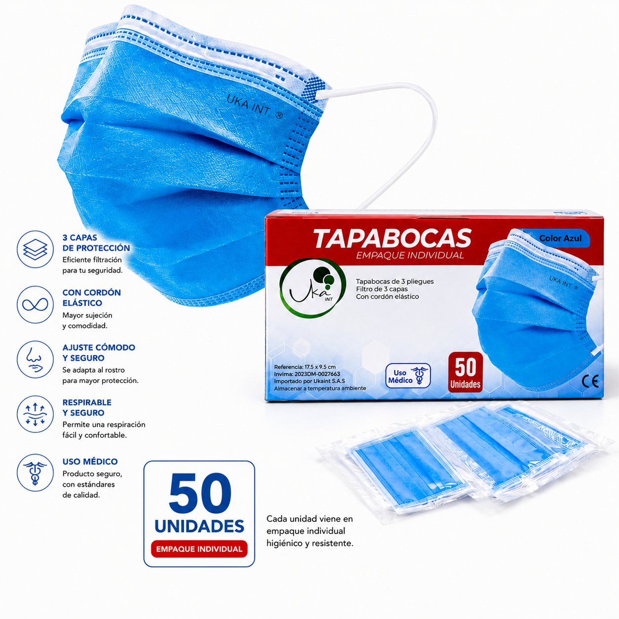 Caja de Tapabocas Desechables Azules - Empaque Individual (50 Unidades)
